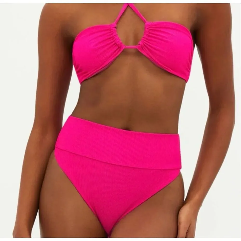 beach riot Highway Bottom Bright Fuchsia high waisted ribbed swimwear S summer